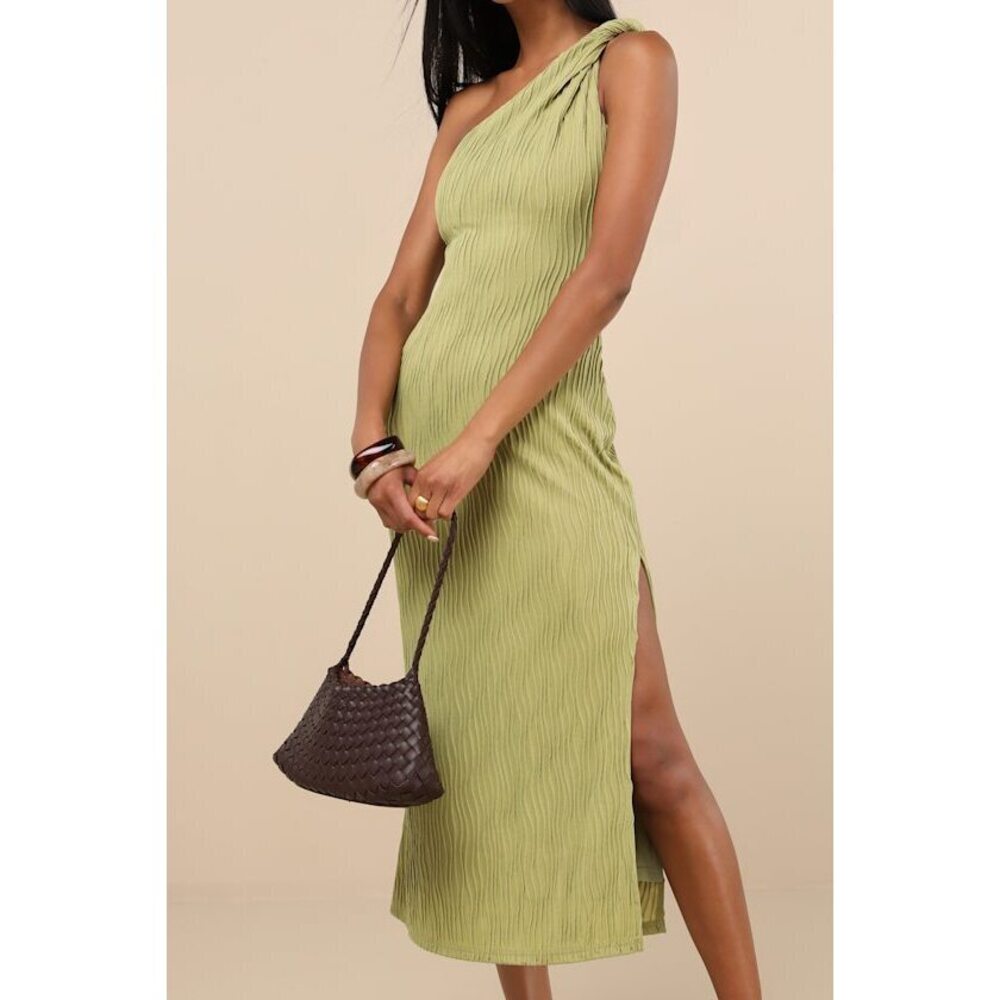 Lulus Aristea Light Green Textured One-shoulder Midi Dress - Size S
